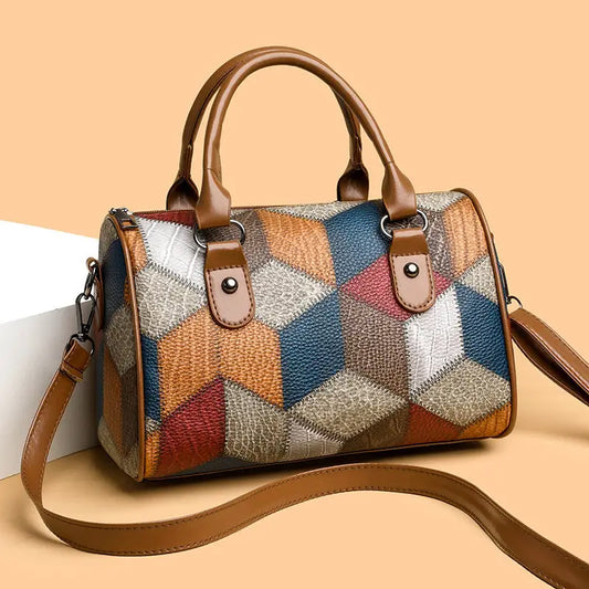 Black and Brown PU Rhombus Cylinder Crossbody Suitcase Bag