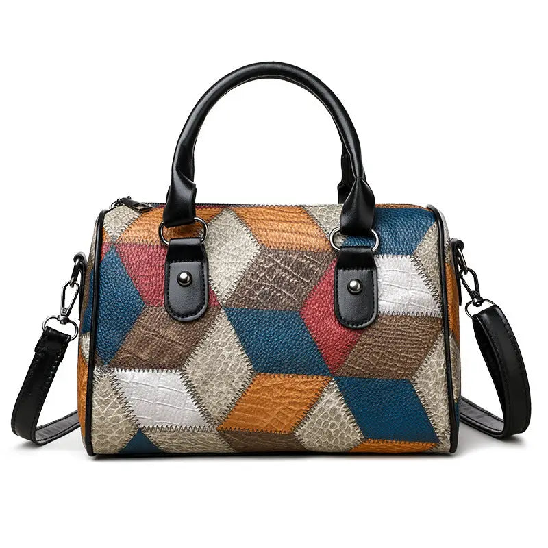 Black and Brown PU Rhombus Cylinder Crossbody Suitcase Bag - Black