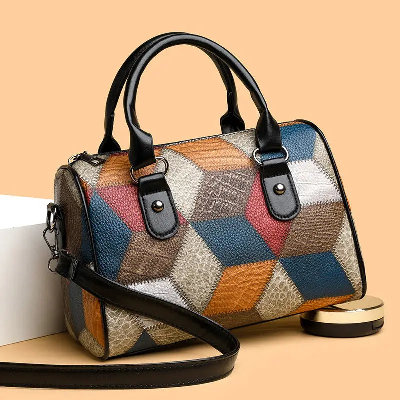 Black and Brown PU Rhombus Cylinder Crossbody Suitcase Bag