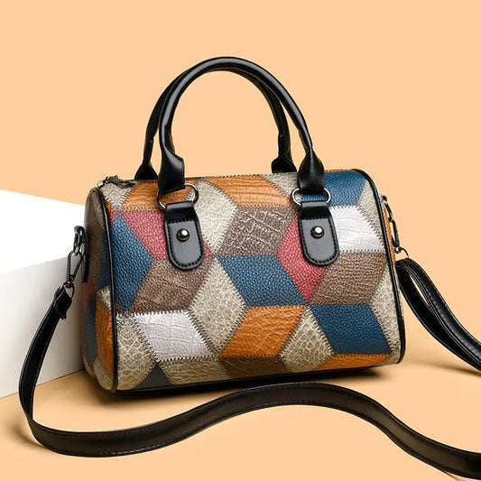 Black and Brown PU Rhombus Cylinder Crossbody Suitcase Bag