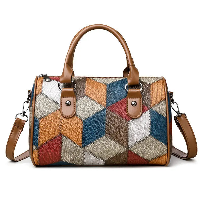 Black and Brown PU Rhombus Cylinder Crossbody Suitcase Bag - Brown