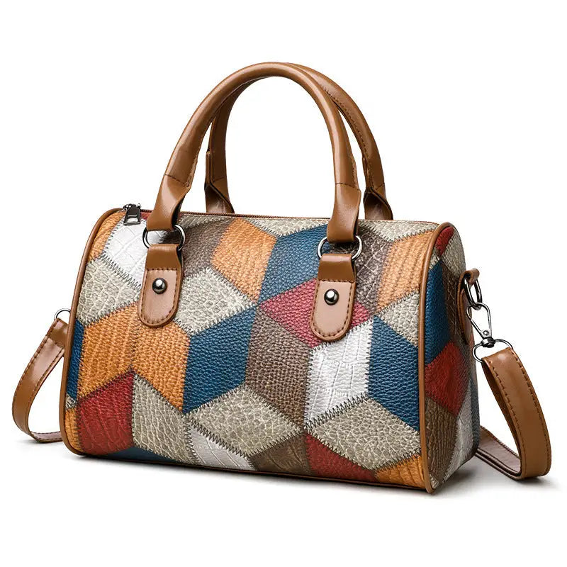 Black and Brown PU Rhombus Cylinder Crossbody Suitcase Bag