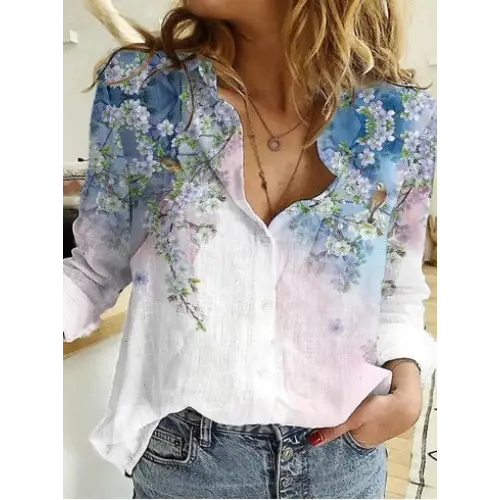 Floral-patterned button-down shirt.