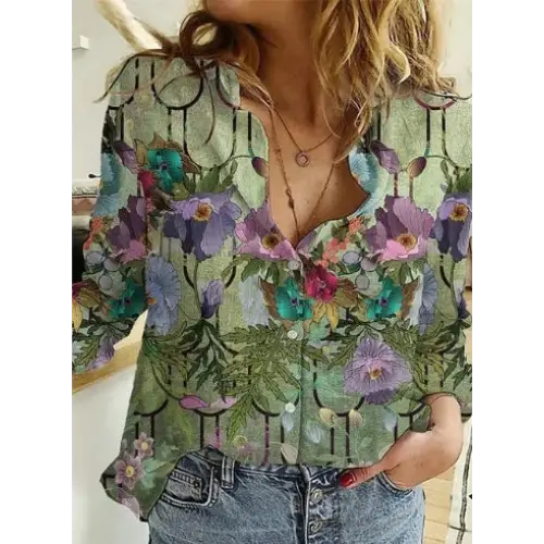 Floral-patterned button-down shirt.
