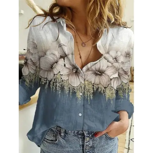 Floral-patterned button-down shirt.