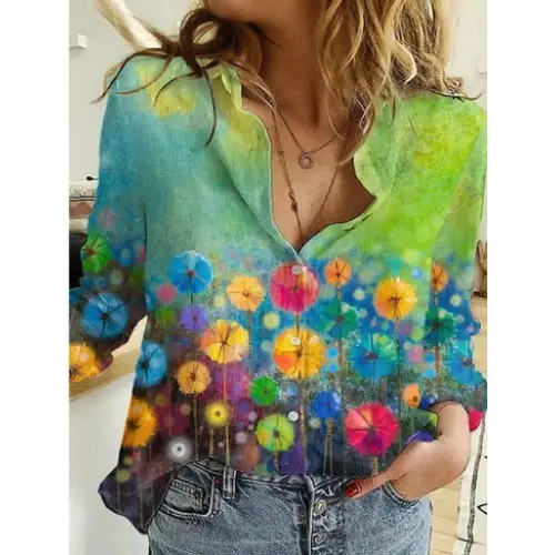 Floral-patterned button-down shirt.