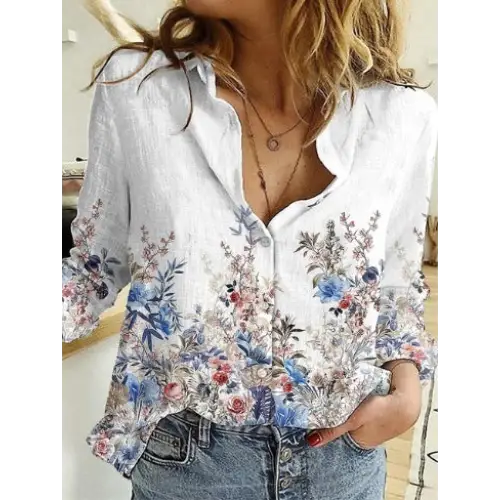 Floral-patterned button-down shirt.
