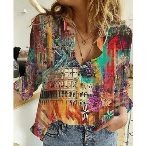 Colorful blouse with architectural print.