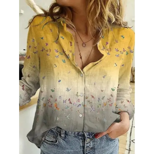 Butterfly-patterned ombre button-down shirt.