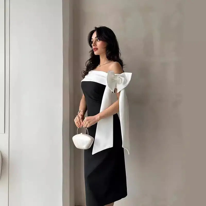 Black and White Mid Waist Mid Length Bow Skirt