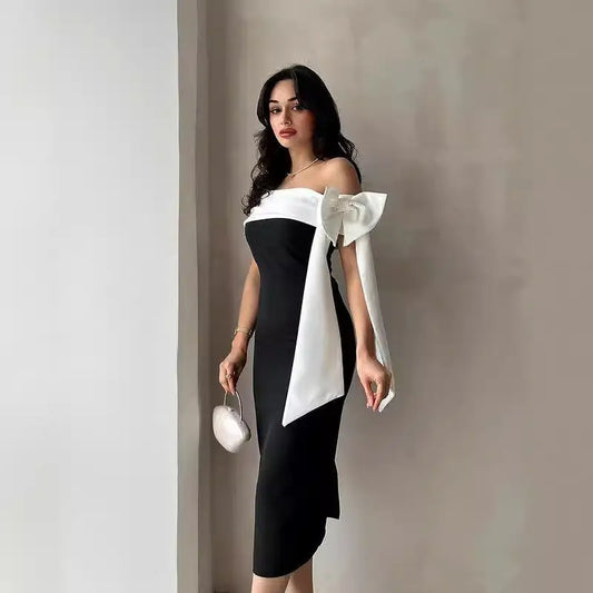Black and White Mid Waist Mid Length Bow Skirt