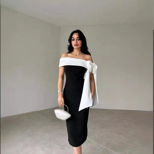 Black and White Mid Waist Mid Length Bow Skirt