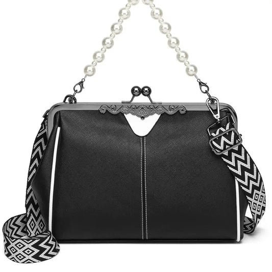 Black and White Soft PU Dumpling Flap Bag with Document Compartment