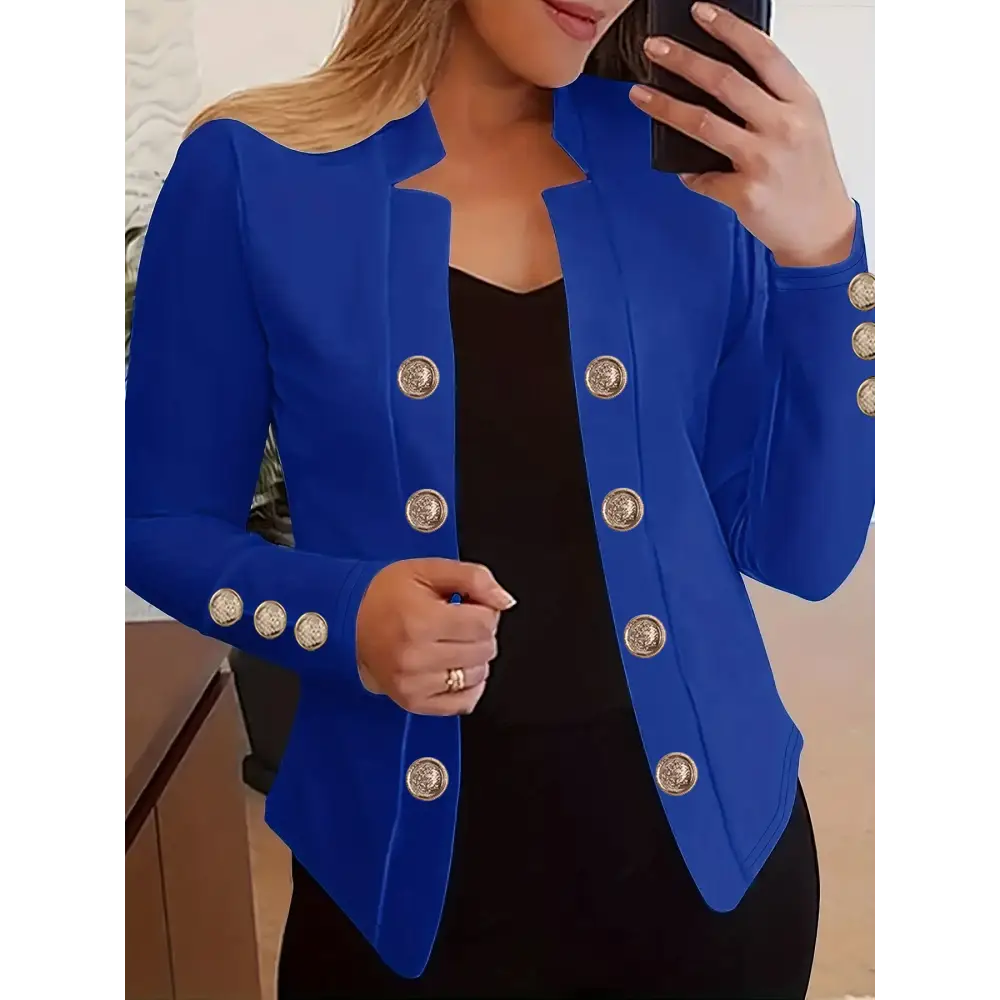Blue blazer with gold buttons.