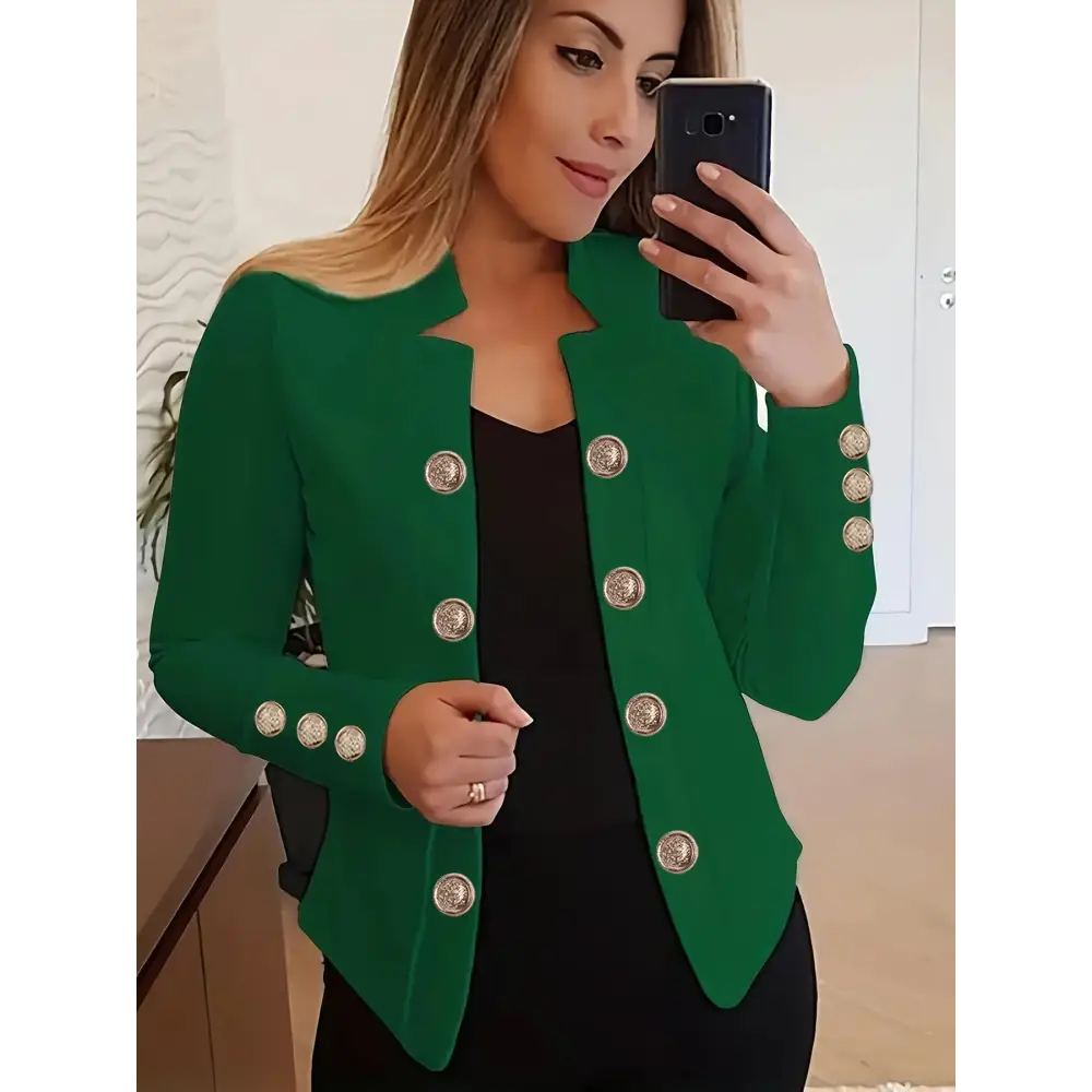 Green blazer with gold buttons.