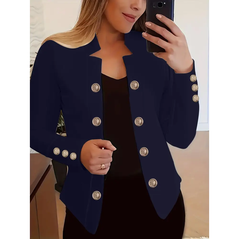 Navy blazer with gold buttons.