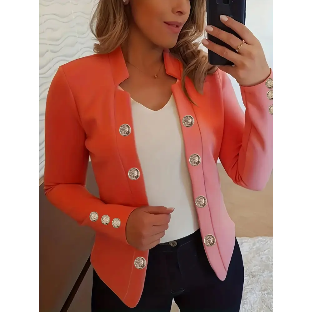 Two-tone blazer with decorative buttons.