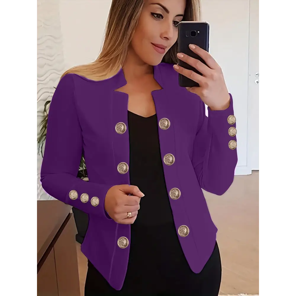 Purple blazer with gold buttons.