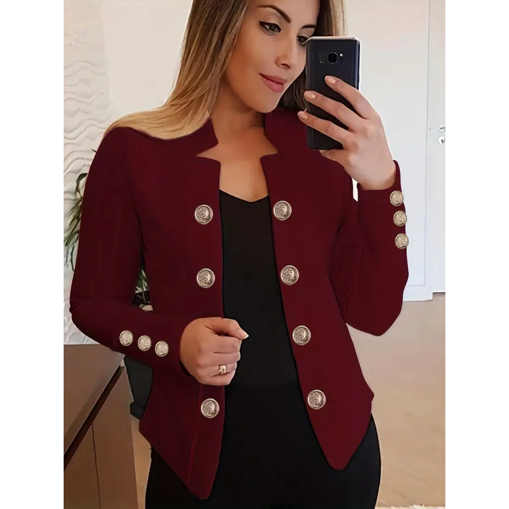 Burgundy buttoned blazer.