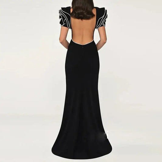 Black Fishtail Skirt Solid Color Polyester with Collage Stitching