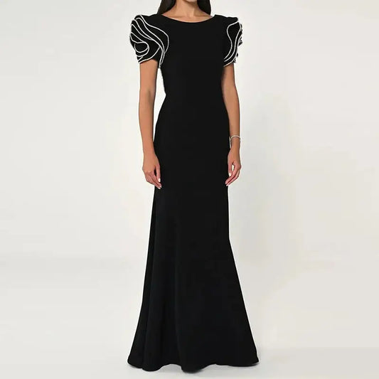 Black Fishtail Skirt Solid Color Polyester with Collage Stitching