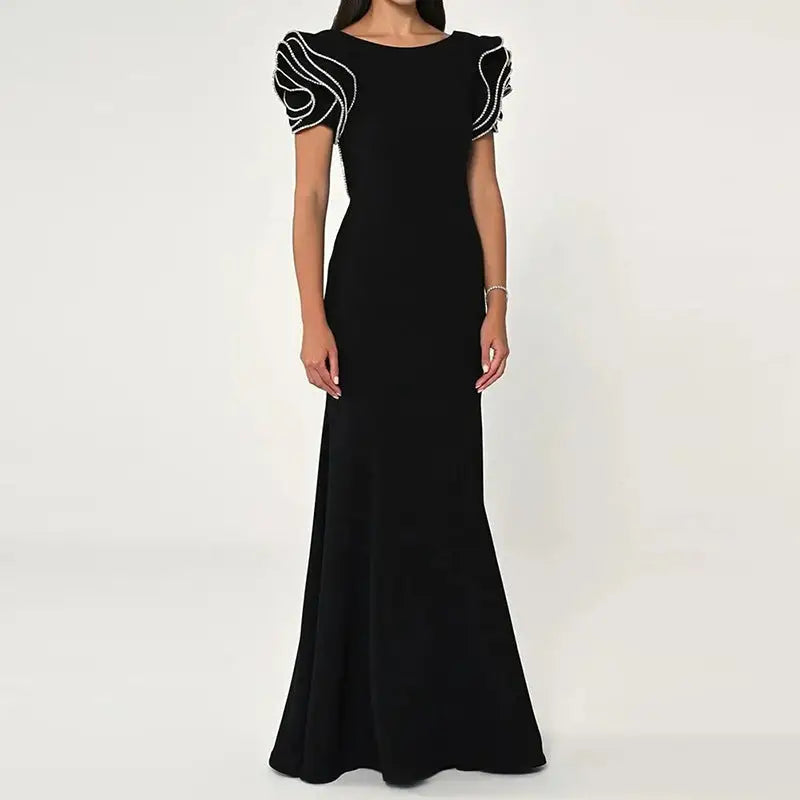 Black Fishtail Skirt Solid Color Polyester with Collage Stitching