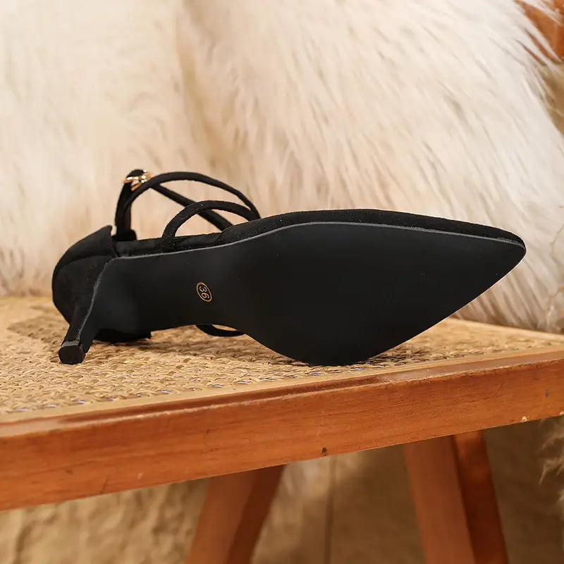 Black Microfiber Sheepskin High Heel Shoes with Rubber Sole