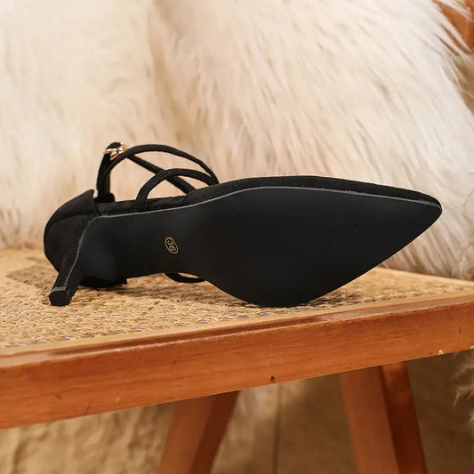 Black Microfiber Sheepskin High Heel Shoes with Rubber Sole