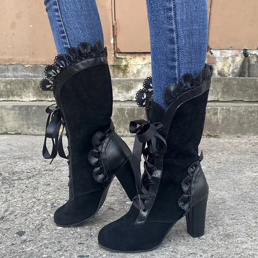 Black Mid Calf High Heels with Stout Heel and Round Toe