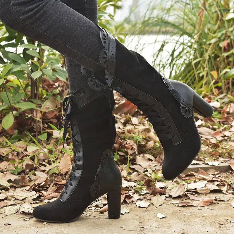 Black Mid Calf High Heels with Stout Heel and Round Toe
