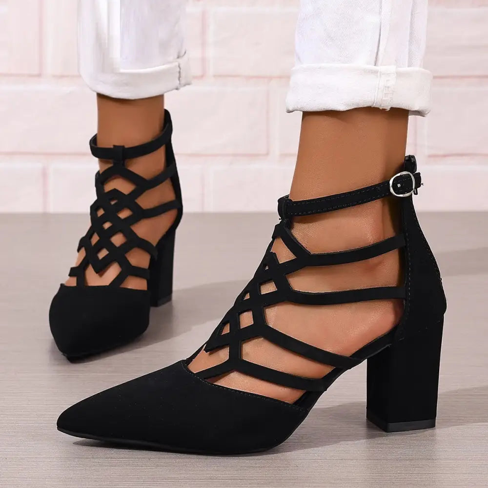 Black Pointed Toe High Heel Shoes with Back Zipper and Rubber Sole