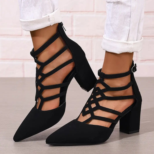 Black Pointed Toe High Heel Shoes with Back Zipper and Rubber Sole