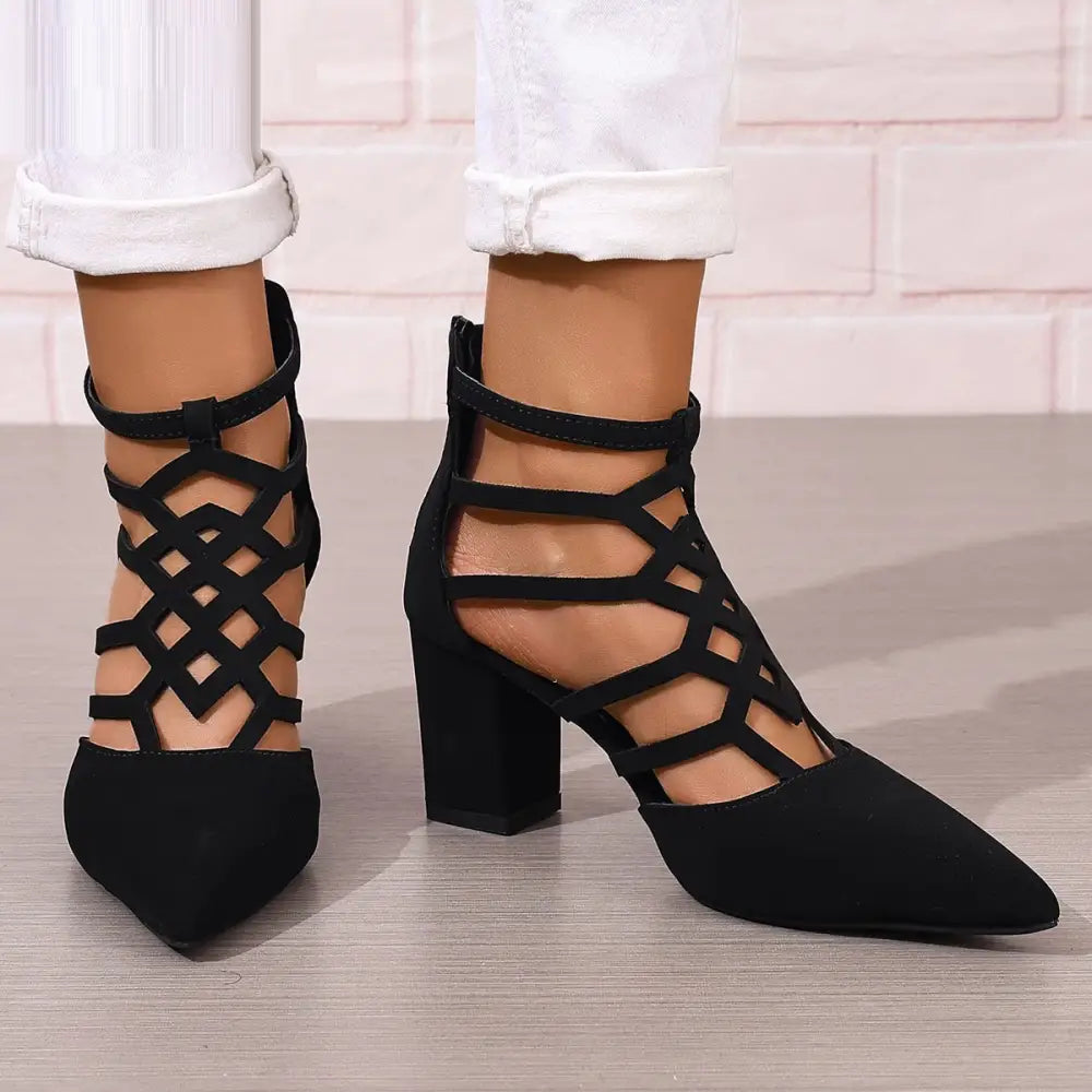 Black Pointed Toe High Heel Shoes with Back Zipper and Rubber Sole