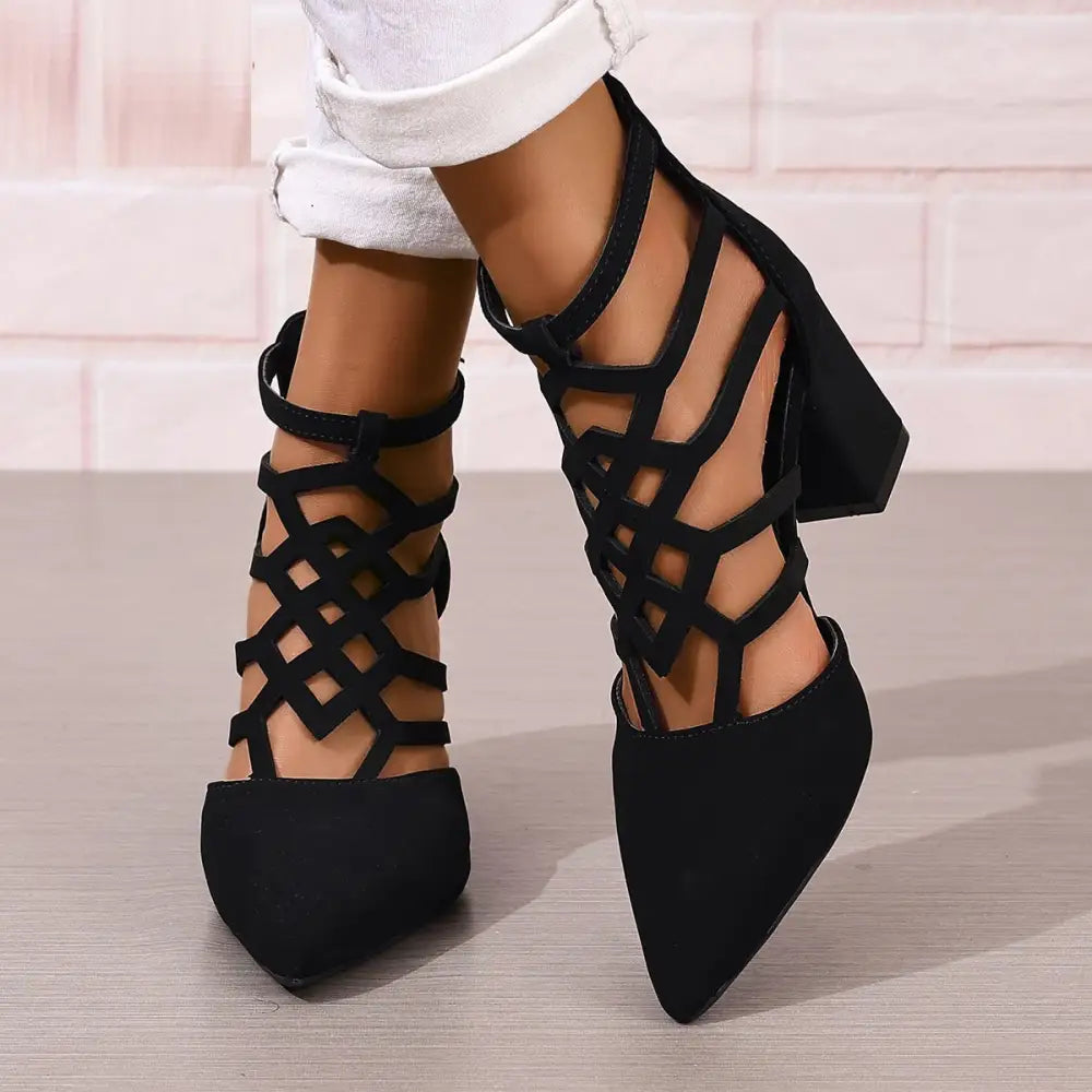 Black Pointed Toe High Heel Shoes with Back Zipper and Rubber Sole