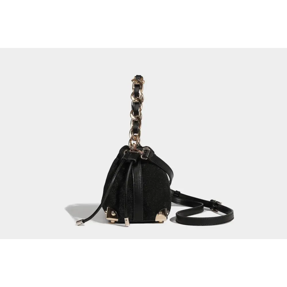 Black Polyester Chain Bucket Bag with Zipper and Sandwich Pocket - Black