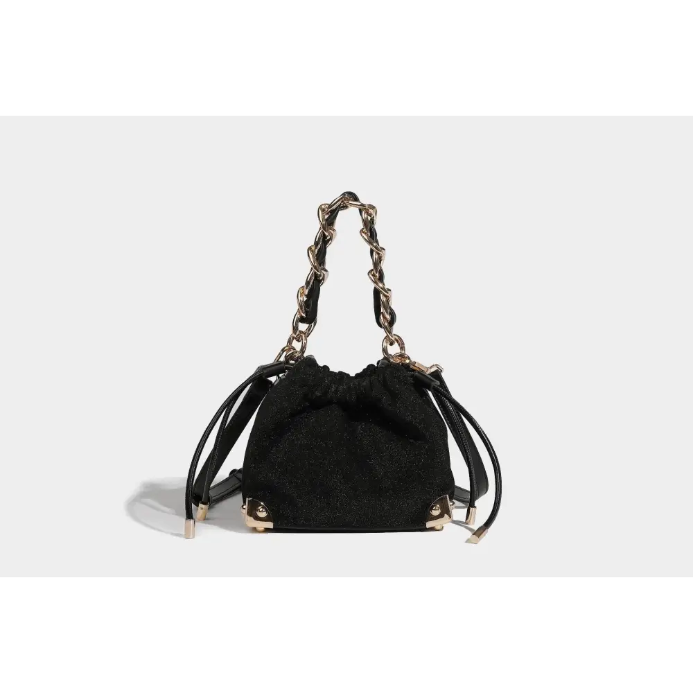Black Polyester Chain Bucket Bag with Zipper and Sandwich Pocket - Black