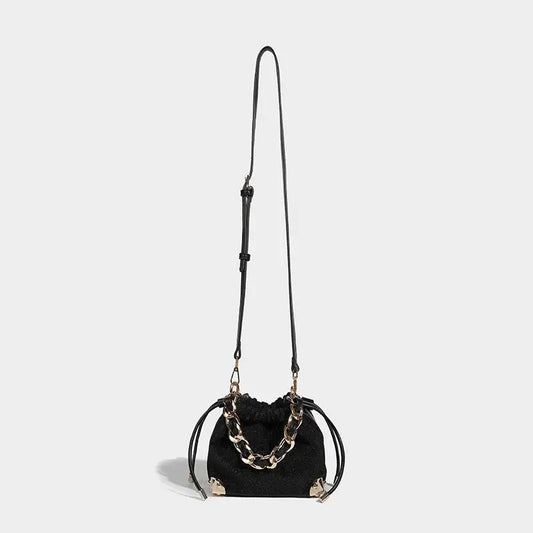Black Polyester Chain Bucket Bag with Zipper and Sandwich Pocket - Black