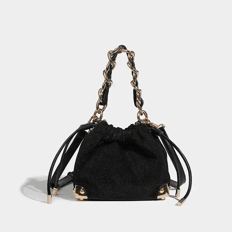 Black Polyester Chain Bucket Bag with Zipper and Sandwich Pocket - Black