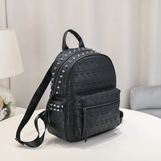 Black PU Backpack with Studded Pockets and Three Dimensional Design - Black