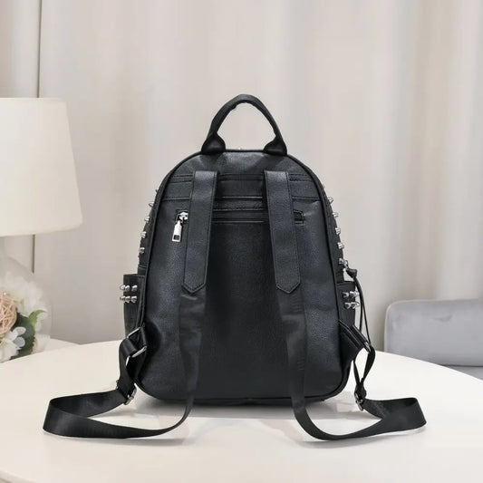 Black PU Backpack with Studded Pockets and Three Dimensional Design - Black