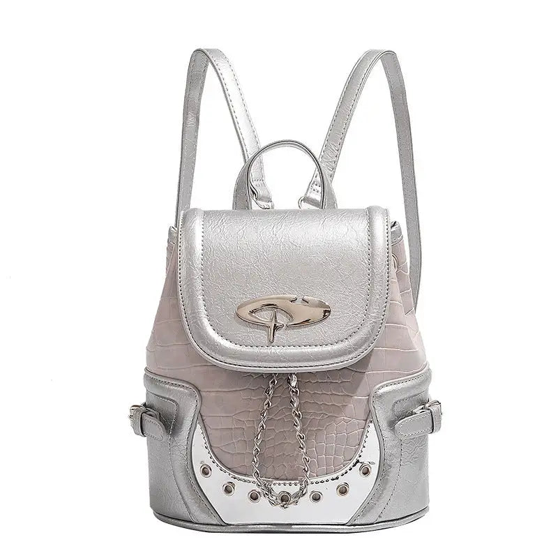 Black PU Drawstring Bag with Sandwich Pocket and Polyester Lining - Silver
