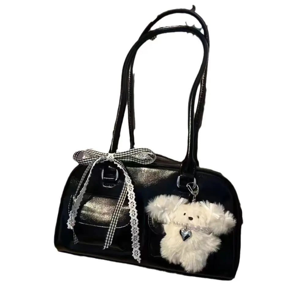 Black PU Shoulder Bag with Zipper Pocket and Open Outer Pocket - Black