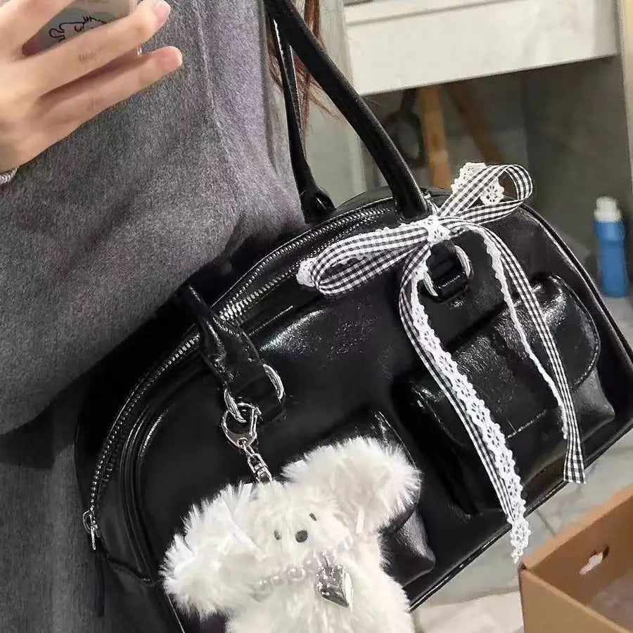 Black PU Shoulder Bag with Zipper Pocket and Open Outer Pocket - Black