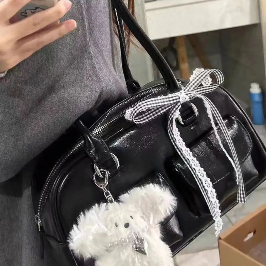 Black PU Shoulder Bag with Zipper Pocket and Open Outer Pocket - Black
