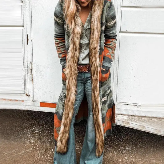 Bohemian-style long cardigan with faux fur trim.