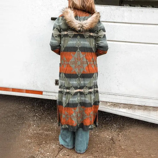 Patterned hooded duster.