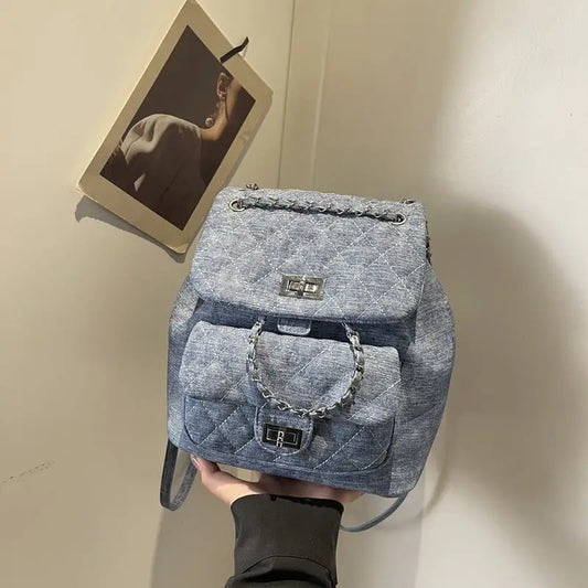 Blue Denim Urban Tote with Three-Dimensional Pocket and Document Compartment