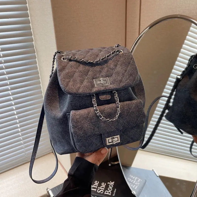 Blue Denim Urban Tote with Three-Dimensional Pocket and Document Compartment - Dark Blue