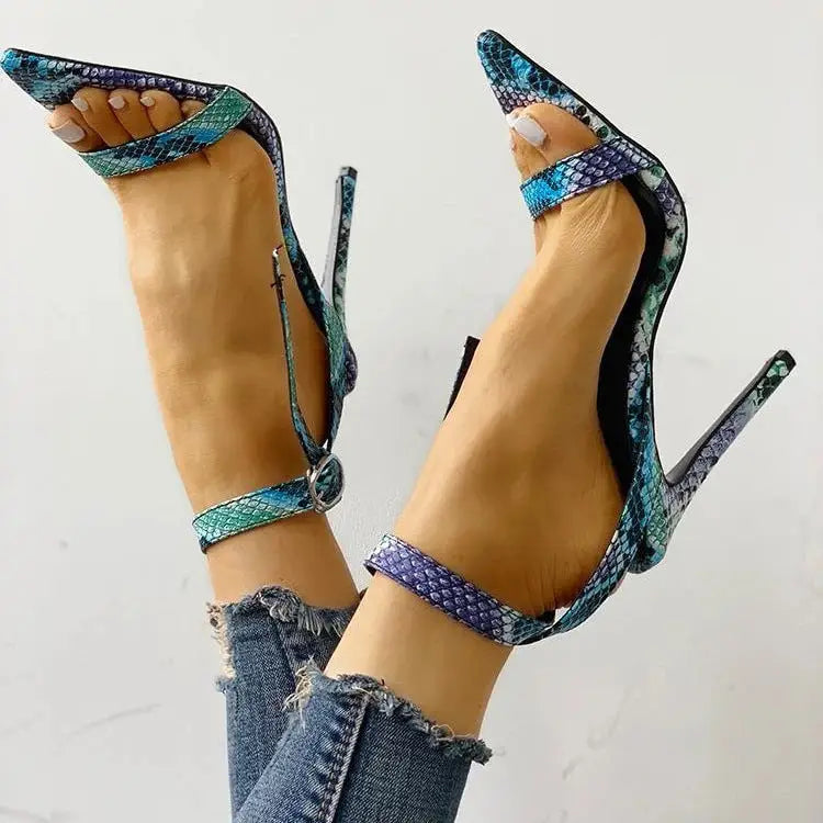 Blue Hollow Out High Heels with Buckle and Artificial PU Upper