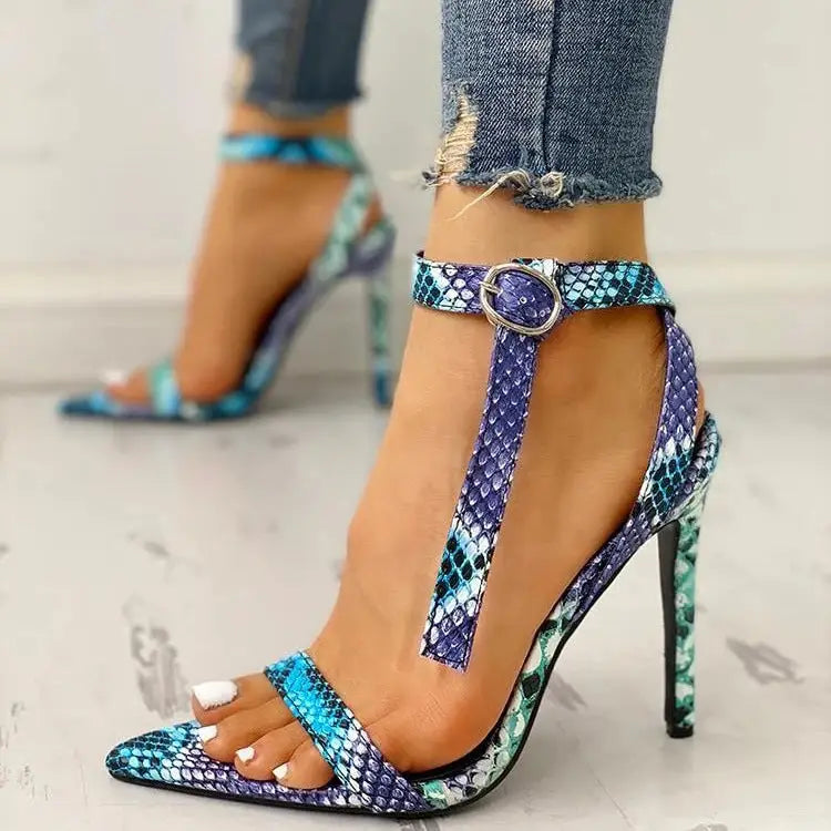 Blue Hollow Out High Heels with Buckle and Artificial PU Upper